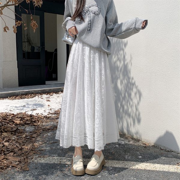 High Waist White Lace Tulle Half Skirt for Women - A-Line Slimming Qipao Underskirt, Elegant Fairy Style Long Dress