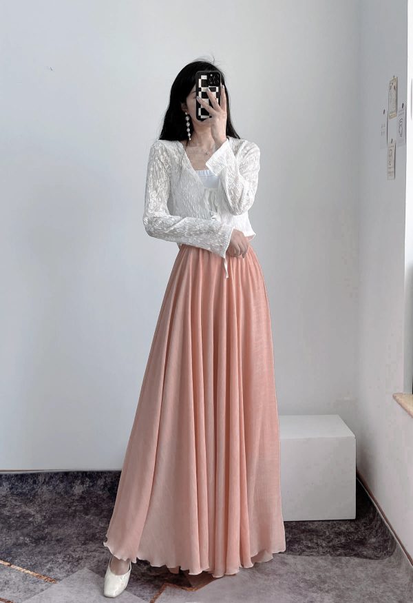 High-Waisted A-Line Long Skirt in Wrinkle-Resistant Cotton-Linen, Solid Color, Large Swing, Slimming Design for Spring & Summer