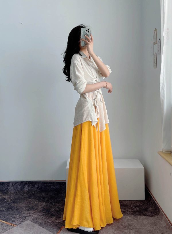 High-Waisted A-Line Long Skirt in Wrinkle-Resistant Cotton-Linen, Solid Color, Large Swing, Slimming Design for Spring & Summer
