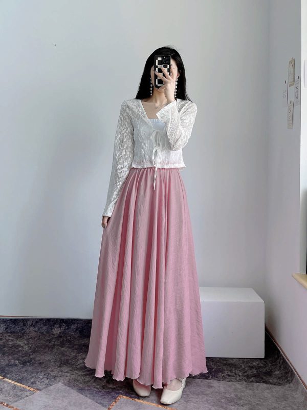 High-Waisted A-Line Long Skirt in Wrinkle-Resistant Cotton-Linen, Solid Color, Large Swing, Slimming Design for Spring & Summer
