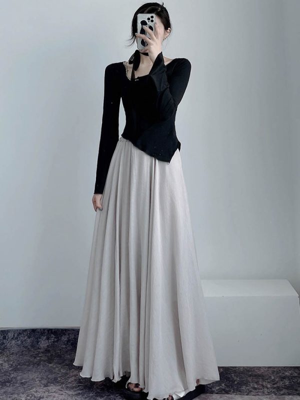 High-Waisted A-Line Long Skirt in Wrinkle-Resistant Cotton-Linen, Solid Color, Large Swing, Slimming Design for Spring & Summer