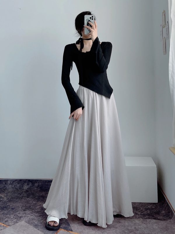 High-Waisted A-Line Long Skirt in Wrinkle-Resistant Cotton-Linen, Solid Color, Large Swing, Slimming Design for Spring & Summer