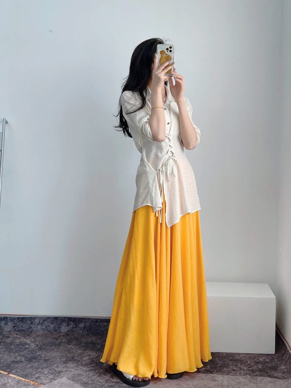 High-Waisted A-Line Long Skirt in Wrinkle-Resistant Cotton-Linen, Solid Color, Large Swing, Slimming Design for Spring & Summer