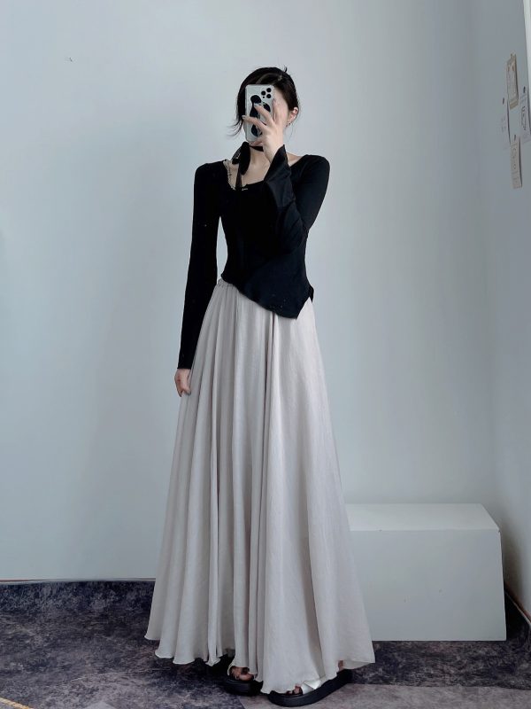 High-Waisted A-Line Long Skirt in Wrinkle-Resistant Cotton-Linen, Solid Color, Large Swing, Slimming Design for Spring & Summer