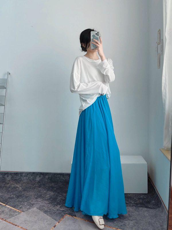 High-Waisted A-Line Long Skirt in Wrinkle-Resistant Cotton-Linen, Solid Color, Large Swing, Slimming Design for Spring & Summer