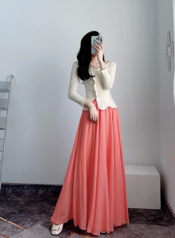 High-Waisted A-Line Long Skirt in Wrinkle-Resistant Cotton-Linen, Solid Color, Large Swing, Slimming Design for Spring & Summer