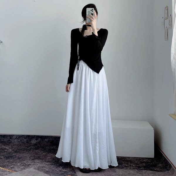 High-Waisted A-Line Long Skirt in Wrinkle-Resistant Cotton-Linen, Solid Color, Large Swing, Slimming Design for Spring & Summer