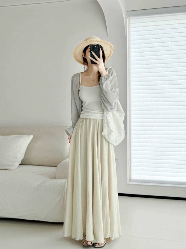High-Waisted A-Line Long Skirt in Wrinkle-Resistant Cotton-Linen, Solid Color, Large Swing, Slimming Design for Spring & Summer
