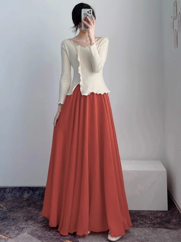 High-Waisted A-Line Long Skirt in Wrinkle-Resistant Cotton-Linen, Solid Color, Large Swing, Slimming Design for Spring & Summer