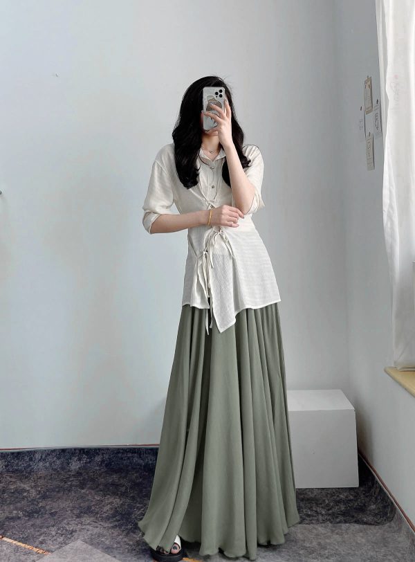 High-Waisted A-Line Long Skirt in Wrinkle-Resistant Cotton-Linen, Solid Color, Large Swing, Slimming Design for Spring & Summer