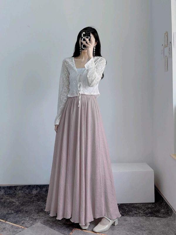 High-Waisted A-Line Long Skirt in Wrinkle-Resistant Cotton-Linen, Solid Color, Large Swing, Slimming Design for Spring & Summer