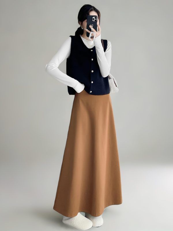 High-Waisted A-Line Long Skirt with Elastic Waist, Loose Fit, Zipper - Versatile Casual Floor-Length Skirt for Spring and Summer