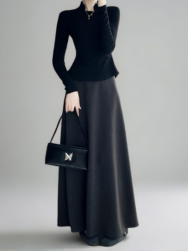 High-Waisted A-Line Long Skirt with Elastic Waist, Loose Fit, Zipper - Versatile Casual Floor-Length Skirt for Spring and Summer