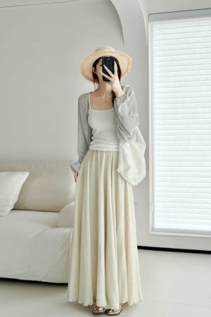 High-Waisted A-Line Midi Skirt in Gentle Apricot - Wrinkle-Resistant Cotton-Linen, Vintage Spring Style, Flattering Ankle-Length Design