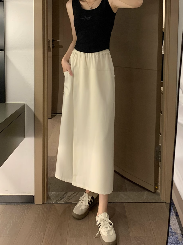 High-Waisted A-Line Skirt Pants, Slim-Fit, Wrinkle-Free Faux Two-Piece Design, Mid-Length with Pockets for Summer 2025 Fashion