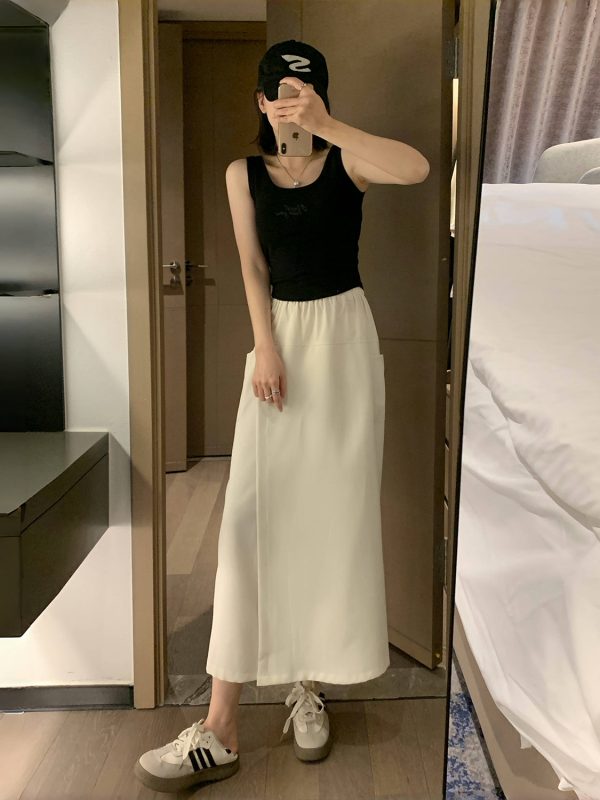 High-Waisted A-Line Skirt Pants, Slim-Fit, Wrinkle-Free Faux Two-Piece Design, Mid-Length with Pockets for Summer 2025 Fashion