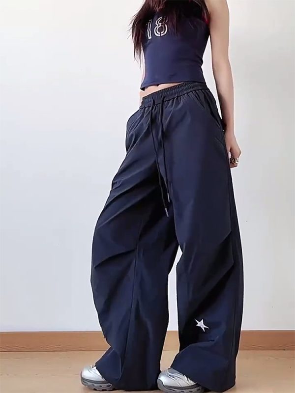High-Waisted American Retro Star Work Pants for Women, Slimming Wide-Leg Loose Casual Sports Style for Summer