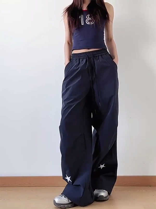 High-Waisted American Retro Star Work Pants for Women, Slimming Wide-Leg Loose Casual Sports Style for Summer