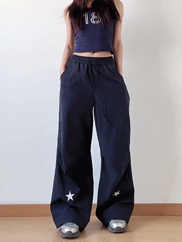 High-Waisted American Retro Star Work Pants for Women, Slimming Wide-Leg Loose Casual Sports Style for Summer