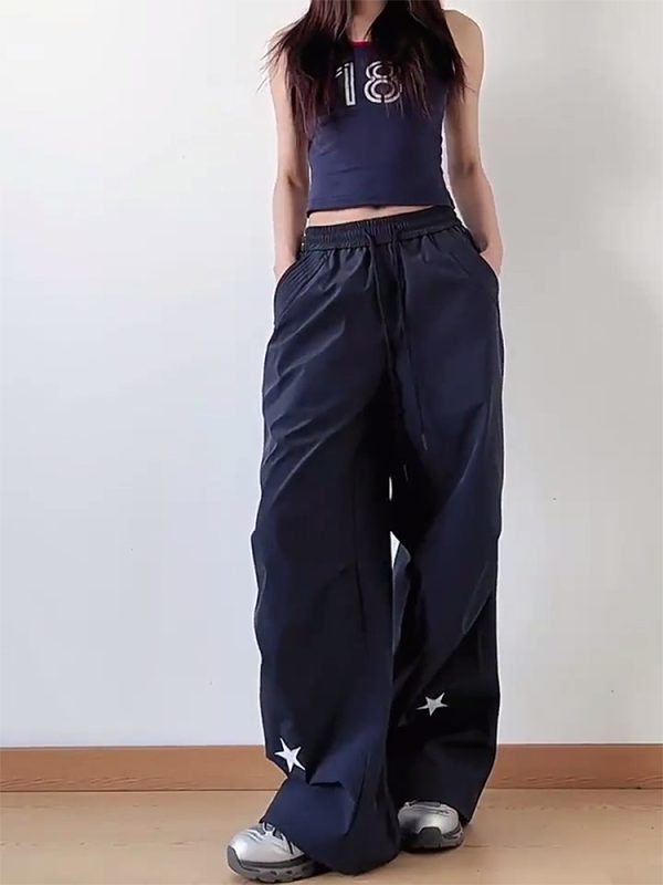 High-Waisted American Retro Star Work Pants for Women, Slimming Wide-Leg Loose Casual Sports Style for Summer