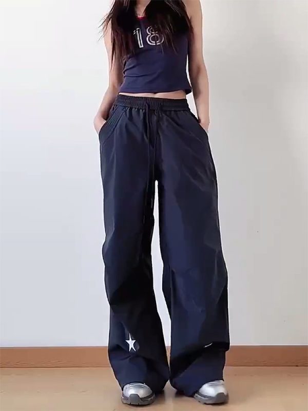 High-Waisted American Retro Star Work Pants for Women, Slimming Wide-Leg Loose Casual Sports Style for Summer