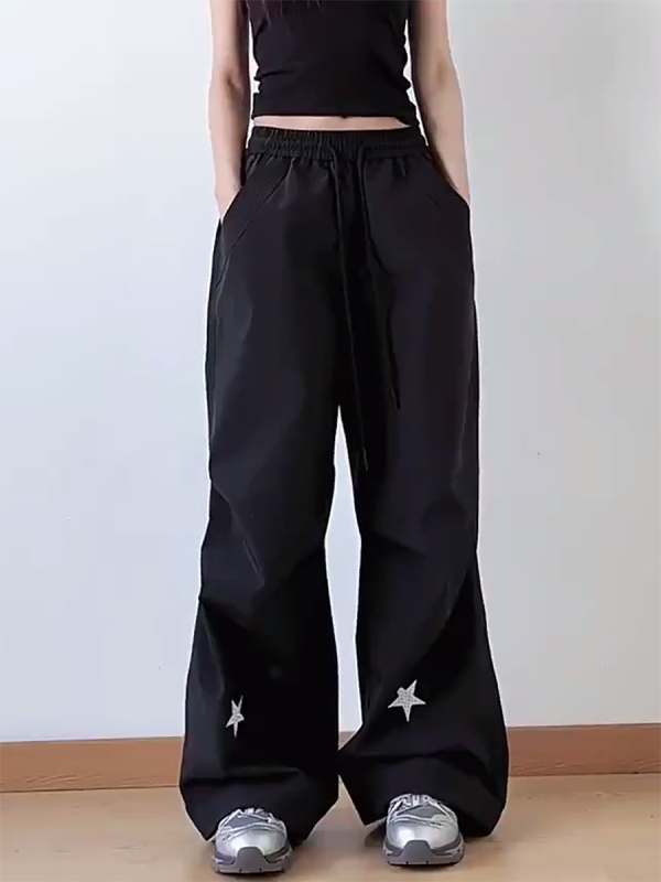 High-Waisted American Retro Star Work Pants for Women, Slimming Wide-Leg Loose Casual Sports Style for Summer