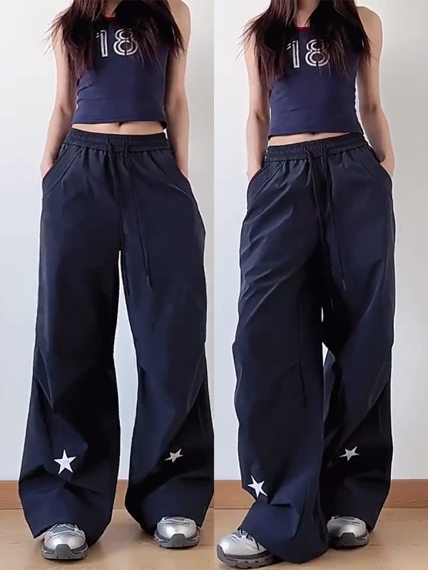 High-Waisted American Retro Star Work Pants for Women, Slimming Wide-Leg Loose Casual Sports Style for Summer