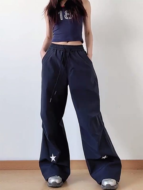 High-Waisted American Retro Star Work Pants for Women, Slimming Wide-Leg Loose Casual Sports Style for Summer