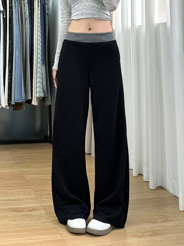 High-Waisted Black Color-Blocked Casual Sports Pants for Women, Loose-Fitting Wide-Leg Trousers for Spring 2025