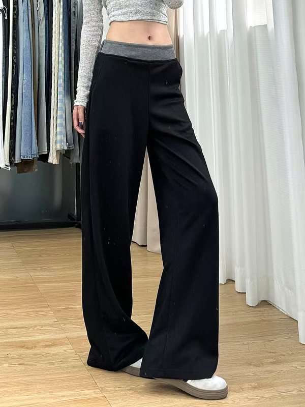 High-Waisted Black Color-Blocked Casual Sports Pants for Women, Loose-Fitting Wide-Leg Trousers for Spring 2025