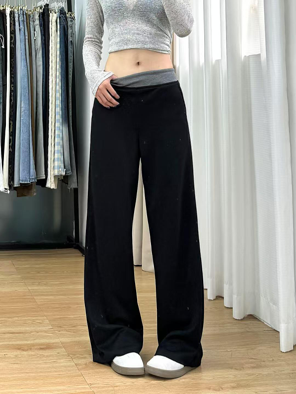 High-Waisted Black Color-Blocked Casual Sports Pants for Women, Loose-Fitting Wide-Leg Trousers for Spring 2025