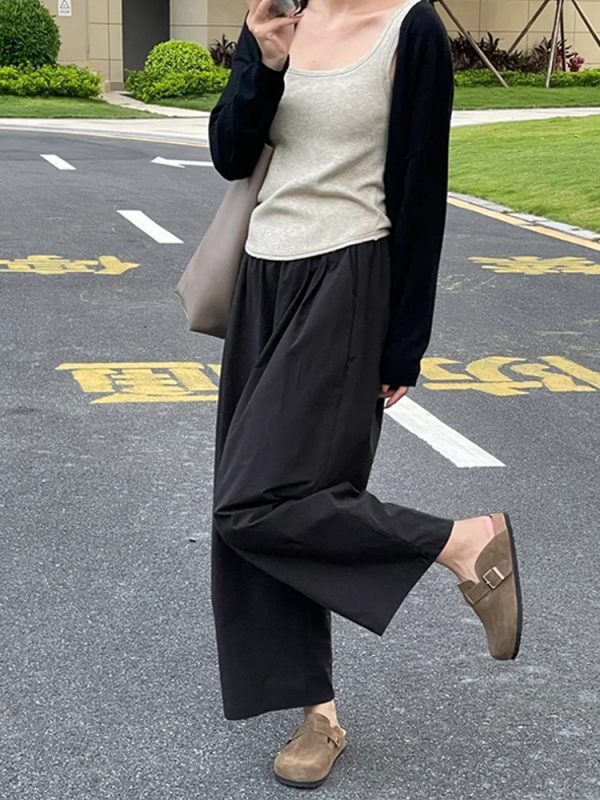 High-Waisted Black Plus Size Balloon Pants for Women - Casual Wide-Leg Nine-Point Trousers for Summer Style