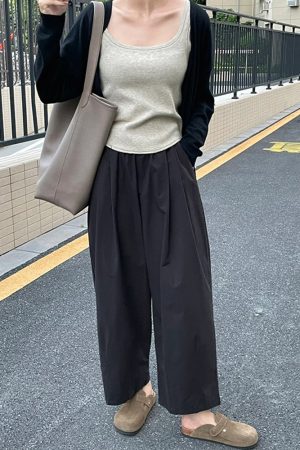 High-Waisted Black Plus Size Balloon Pants for Women - Casual Wide-Leg Nine-Point Trousers for Summer Style