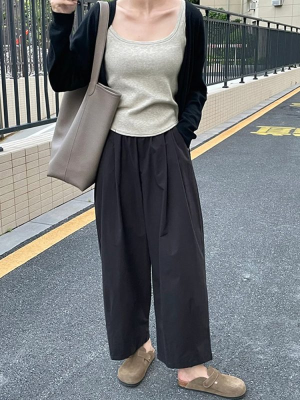 High-Waisted Black Plus Size Balloon Pants for Women - Casual Wide-Leg Nine-Point Trousers for Summer Style