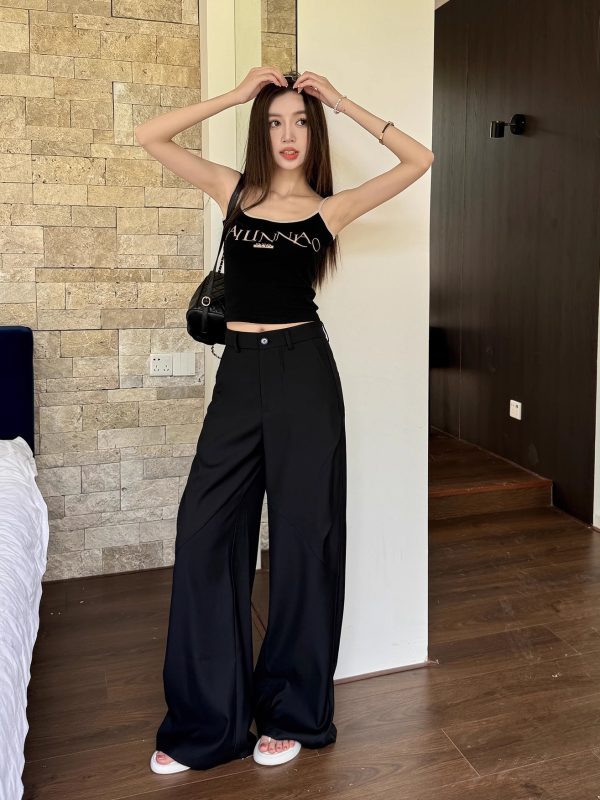 High-Waisted Black Wide-Leg Trousers - Lightweight Versatile Casual Pants for Spring & Summer Fashion