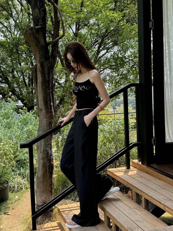 High-Waisted Black Wide-Leg Trousers - Lightweight Versatile Casual Pants for Spring & Summer Fashion