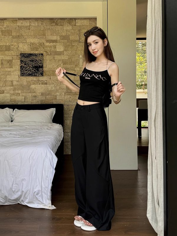 High-Waisted Black Wide-Leg Trousers - Lightweight Versatile Casual Pants for Spring & Summer Fashion