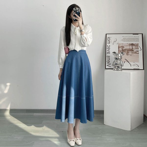 High-Waisted Color-Blocked A-Line Denim Skirt with Zipper - Flattering Flared Design for Spring and Summer 2025