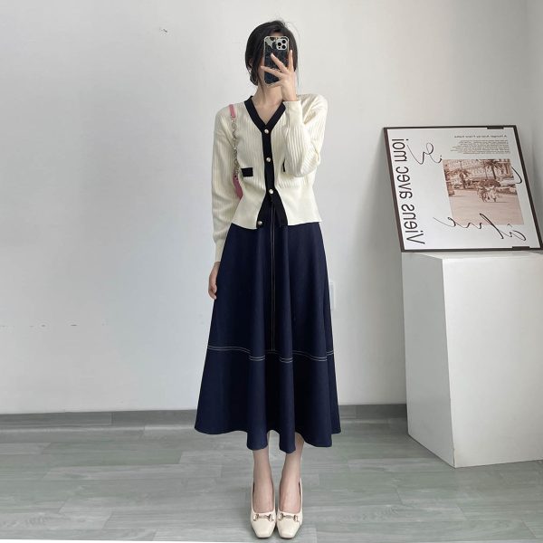 High-Waisted Color-Blocked A-Line Denim Skirt with Zipper - Flattering Flared Design for Spring and Summer 2025