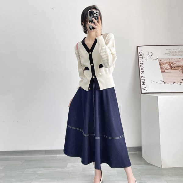 High-Waisted Color-Blocked A-Line Denim Skirt with Zipper - Flattering Flared Design for Spring and Summer 2025