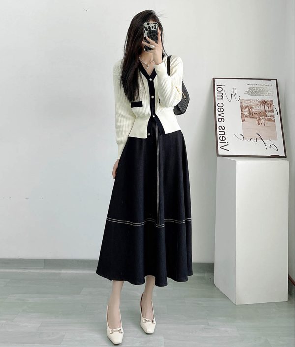 High-Waisted Color-Blocked A-Line Denim Skirt with Zipper - Flattering Flared Design for Spring and Summer 2025