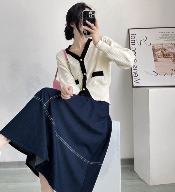 High-Waisted Color-Blocked A-Line Denim Skirt with Zipper - Flattering Flared Design for Spring and Summer 2025