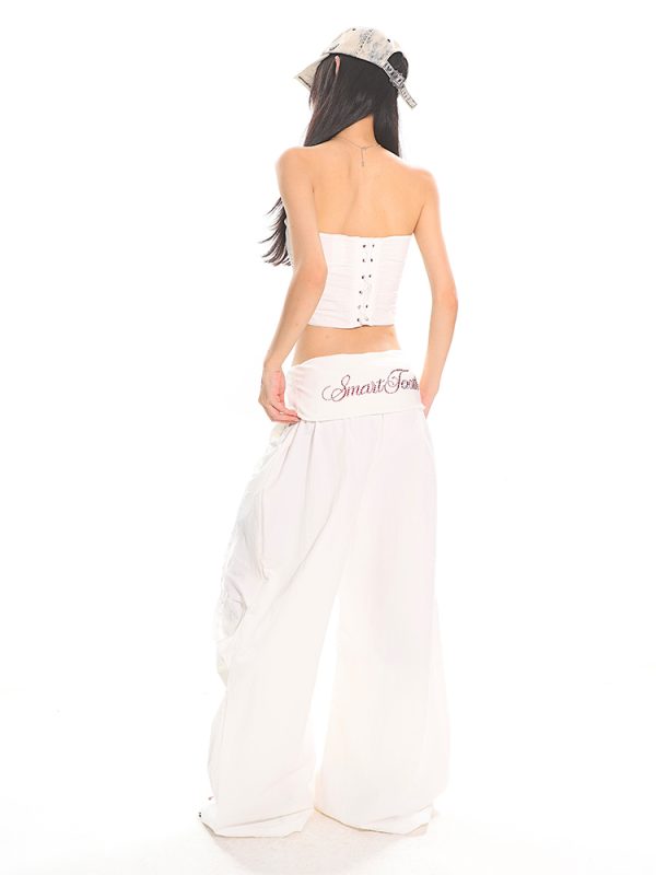 High-Waisted Cuffed Cargo Trousers with Rhinestone Detail - Versatile Pleated Wide-Leg Pants for Y2K and Street Style Fashion