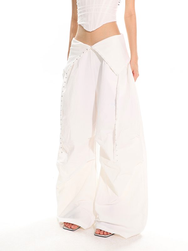 High-Waisted Cuffed Cargo Trousers with Rhinestone Detail - Versatile Pleated Wide-Leg Pants for Y2K and Street Style Fashion