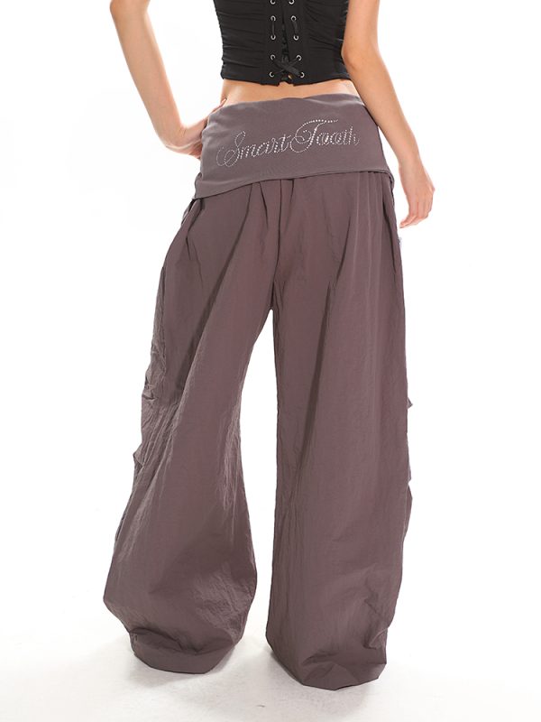High-Waisted Cuffed Cargo Trousers with Rhinestone Detail - Versatile Pleated Wide-Leg Pants for Y2K and Street Style Fashion