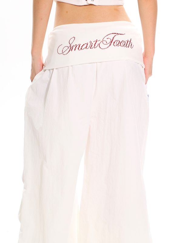 High-Waisted Cuffed Cargo Trousers with Rhinestone Detail - Versatile Pleated Wide-Leg Pants for Y2K and Street Style Fashion