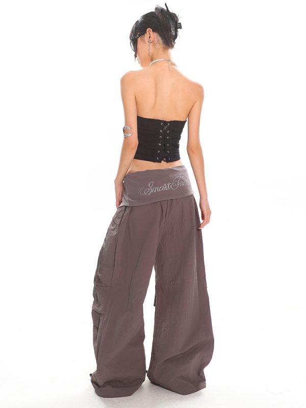 High-Waisted Cuffed Cargo Trousers with Rhinestone Detail - Versatile Pleated Wide-Leg Pants for Y2K and Street Style Fashion