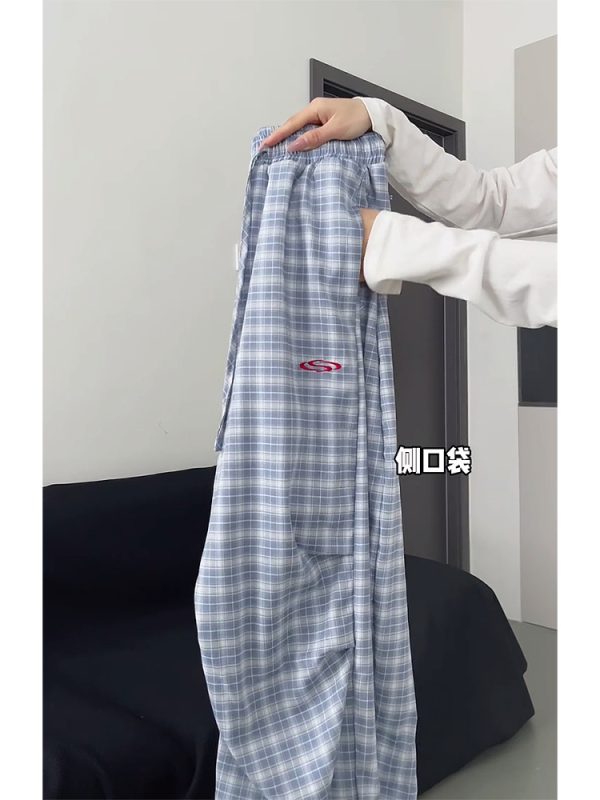 High-Waisted Draped Pleated Checkered Work Pants for Women, Loose Fit Wide-Leg Casual Sports Trousers, American Style