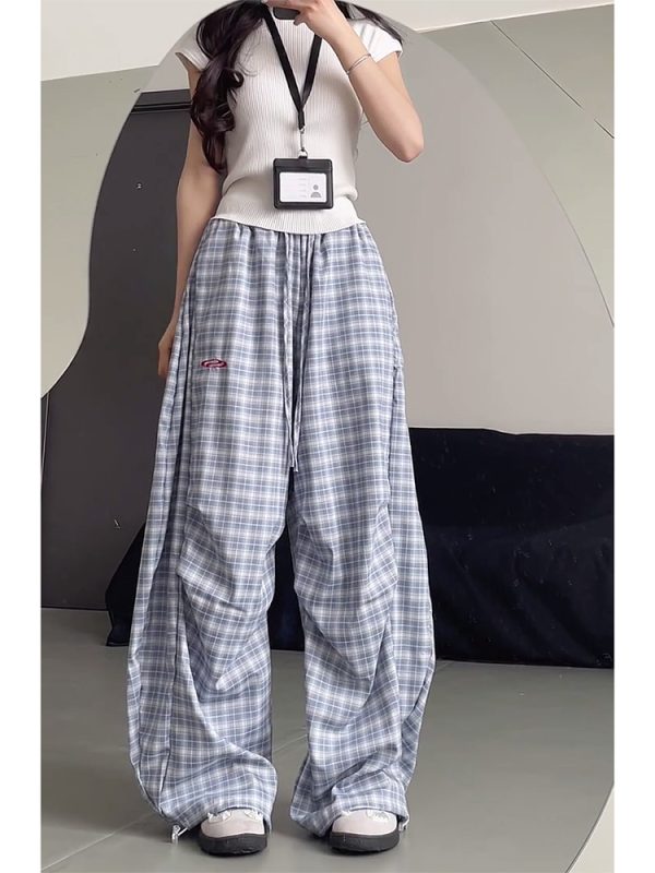 High-Waisted Draped Pleated Checkered Work Pants for Women, Loose Fit Wide-Leg Casual Sports Trousers, American Style