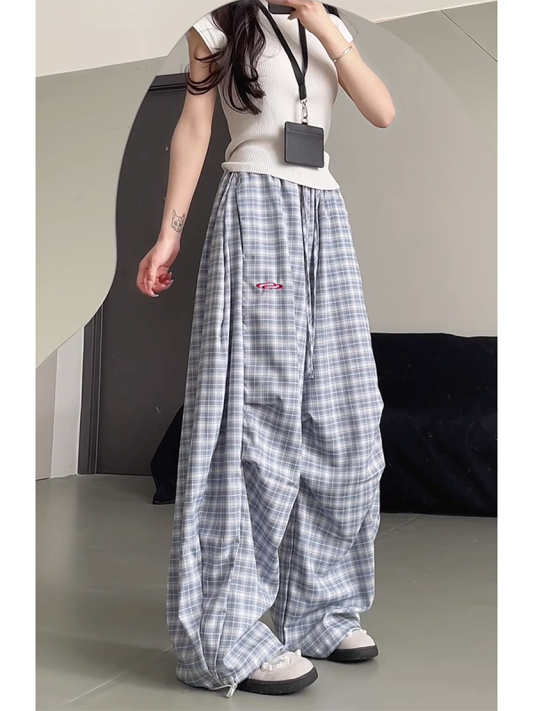 High-Waisted Draped Pleated Checkered Work Pants for Women, Loose Fit Wide-Leg Casual Sports Trousers, American Style